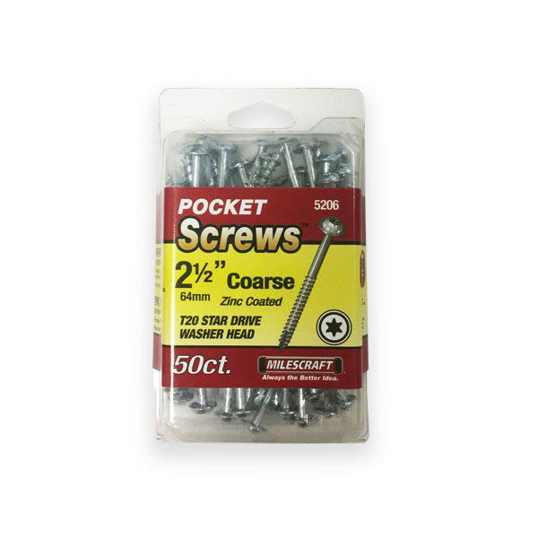2.5" Coarse Pocket Screws – 50 Zinc‑Coated T20 Star, Washer Head