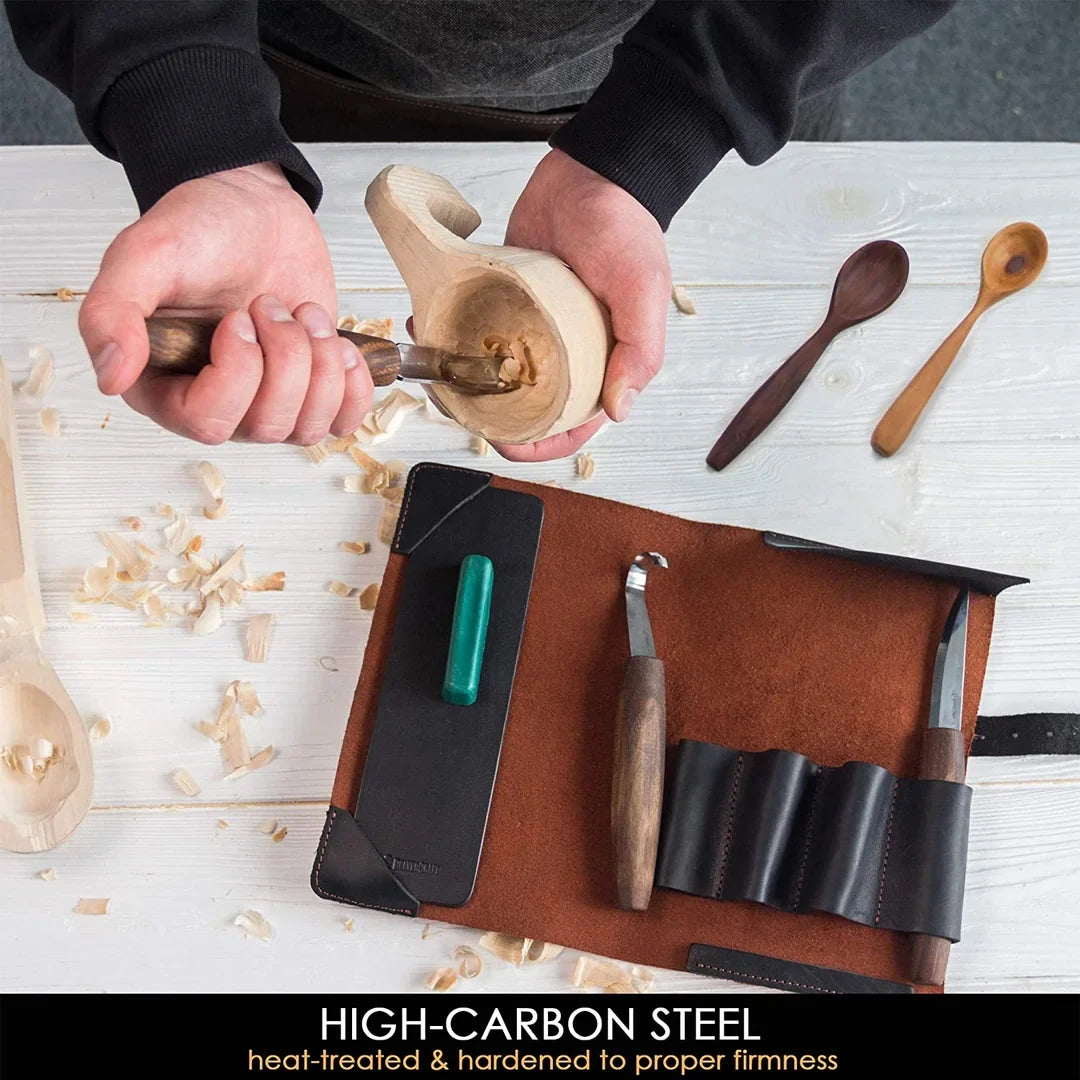 Premium Walnut-Handled Spoon Carving Set with Leather Pouch