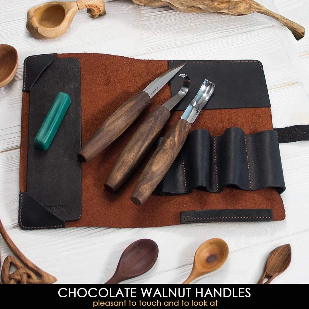 Premium Walnut-Handled Spoon Carving Set with Leather Pouch