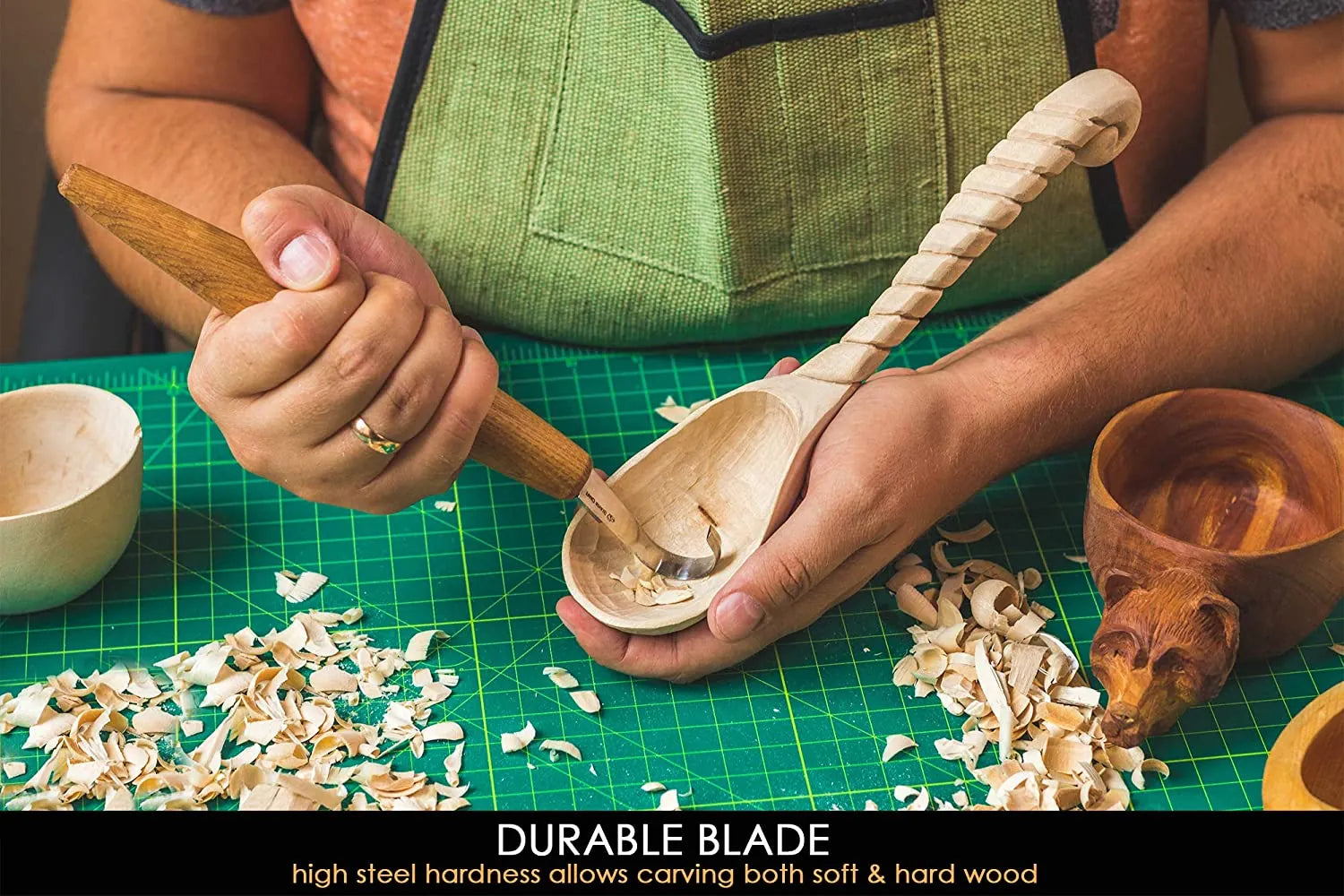 SK5 Double Bevel Spoon Carving Hook Knife with Oak Handle