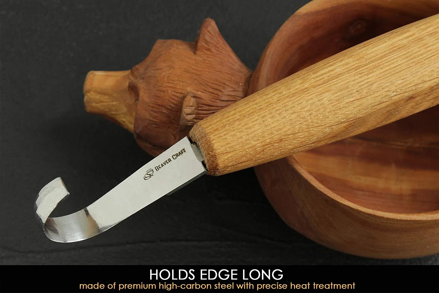 SK5 Double Bevel Spoon Carving Hook Knife with Oak Handle