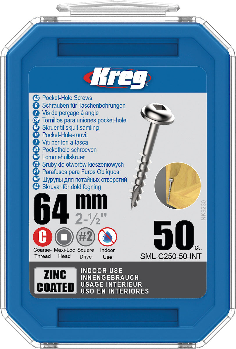 Kreg 64mm Zinc Coated Maxi-Loc Coarse Thread Pocket-Hole Screws 50-Piece