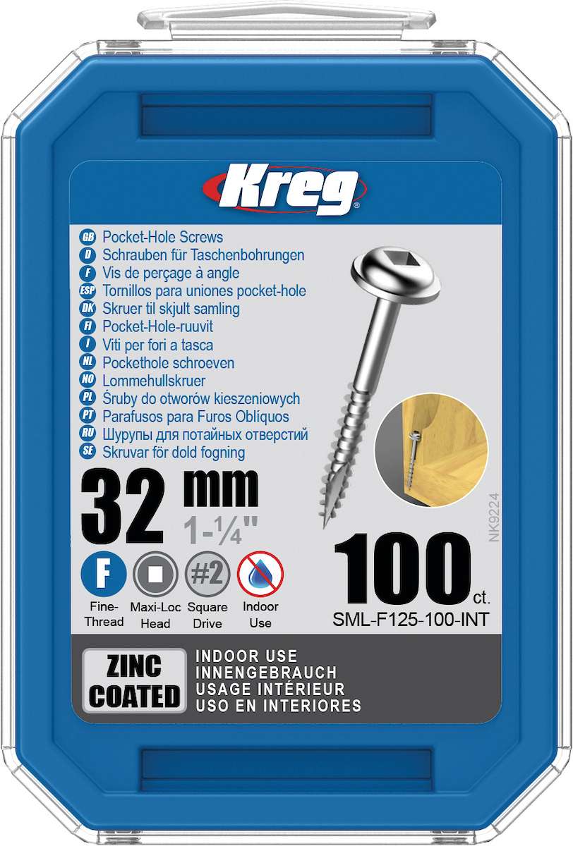 Kreg Zinc Coated Maxi-Loc Fine Thread Pocket-Hole Screws, 32mm, 100-Pack