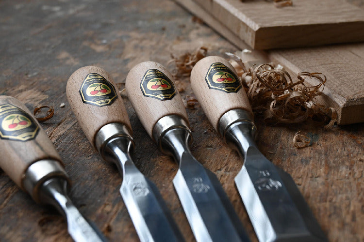 Premium 4-Piece Short Chisel Set with Red Beech Handles for Woodworking