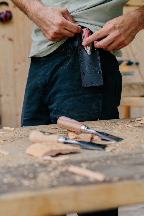 W.I.N.A.C. 35mm Short Chisel, Unique Recycled Skateboard Handle, Leather Holster