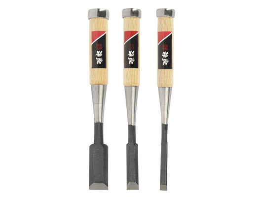 Premium Japanese Oire Nomi Chisel Set - Sharp Carbon Steel, Oak Handle, 3-Piece