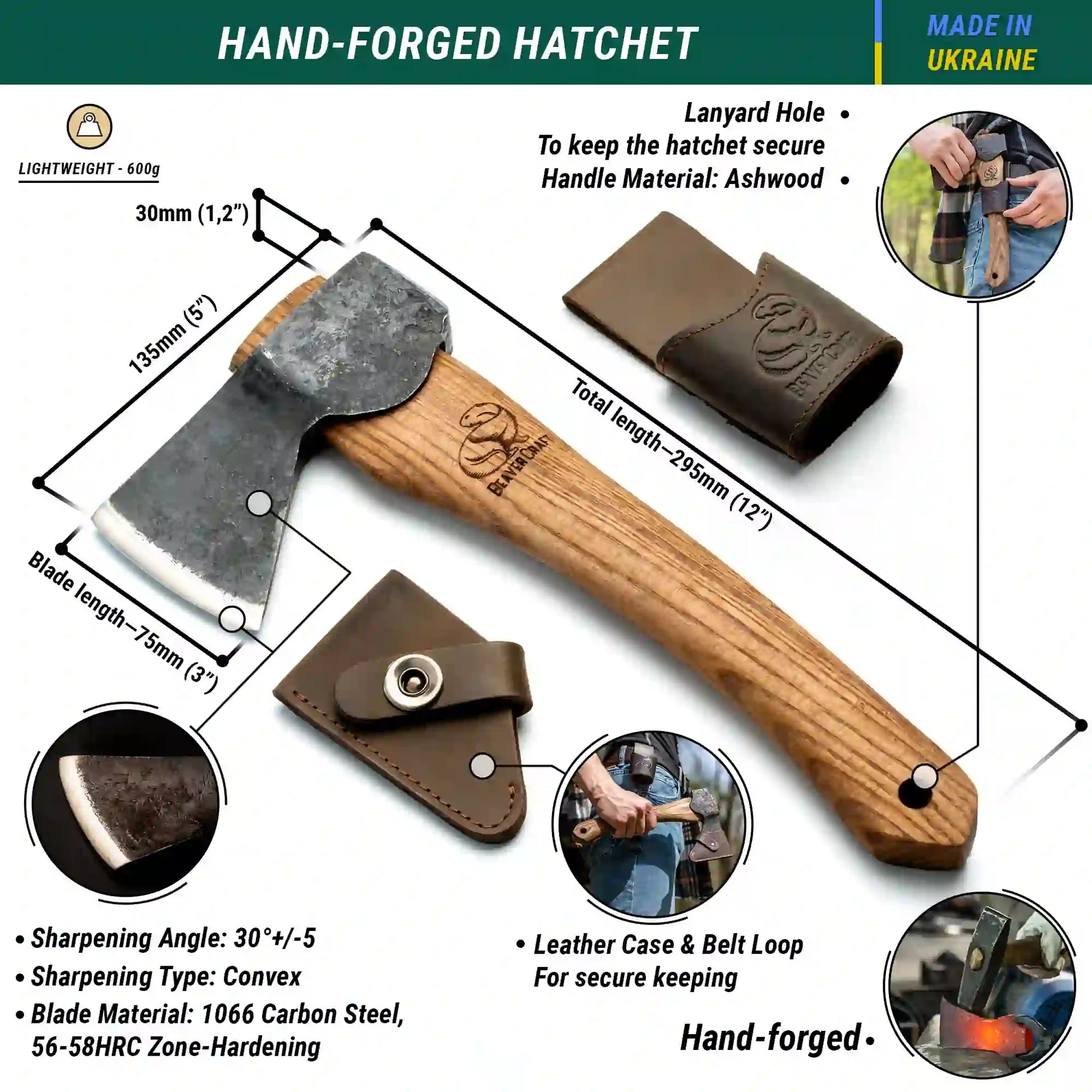 BeaverCraft AX1 Compact Bushcraft Hatchet Lightweight Ashwood Handle