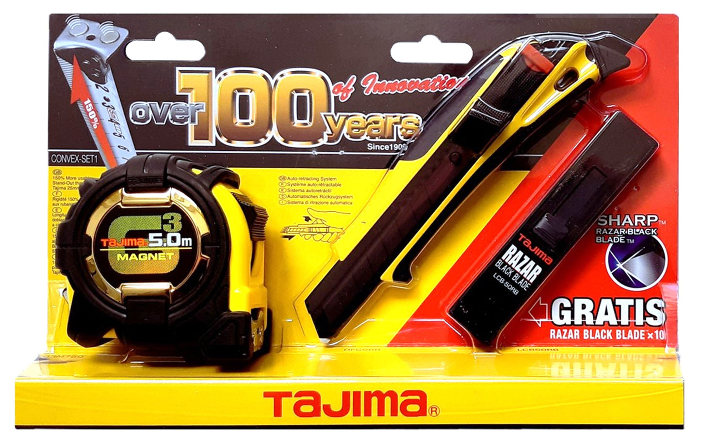 Tajima Convex Set: 5m Measuring Tape, 18mm Cutter, Razar Blades Display