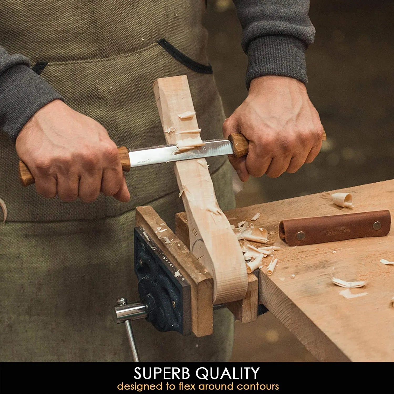 BeaverCraft DK1S Drawknife with Oak Handles and Leather Sheath