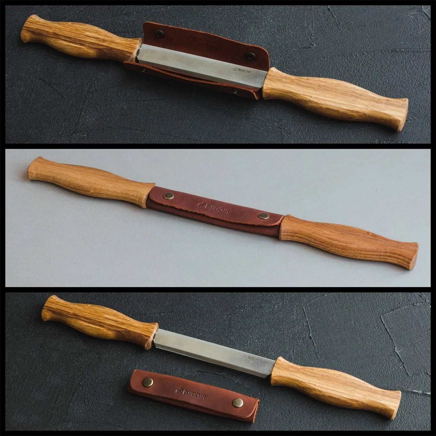 BeaverCraft DK1S Drawknife with Oak Handles and Leather Sheath