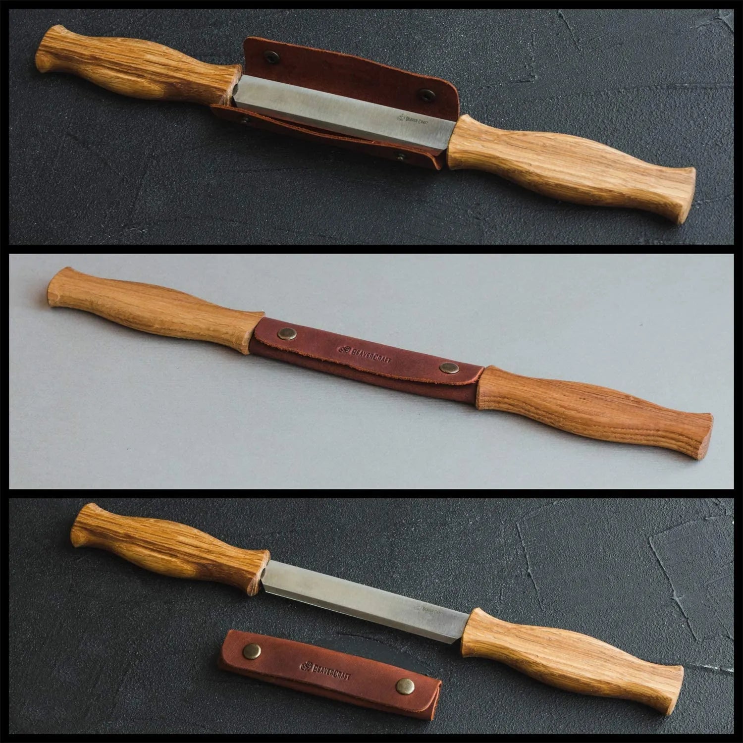 BeaverCraft DK1S Drawknife with Oak Handles and Leather Sheath