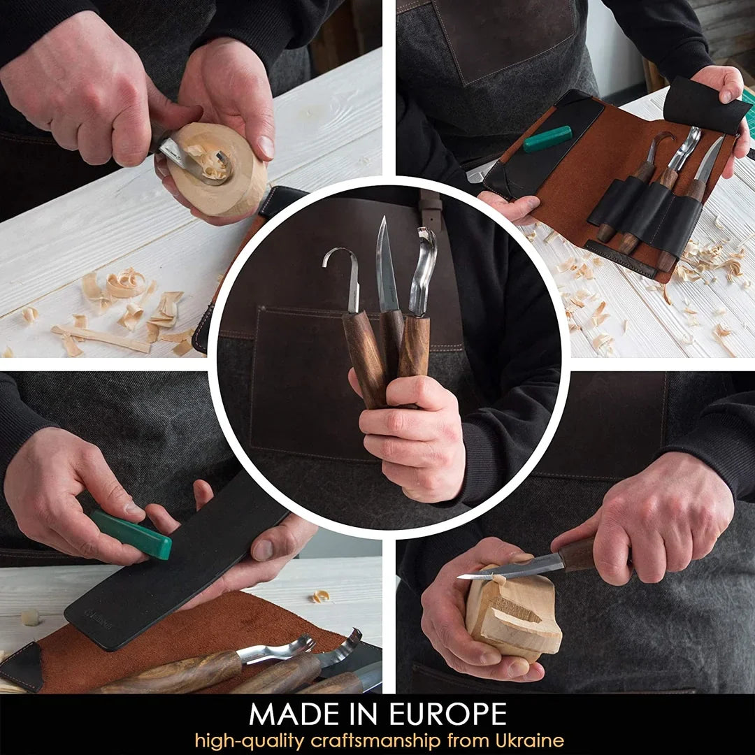 Premium Walnut-Handled Spoon Carving Set with Leather Pouch