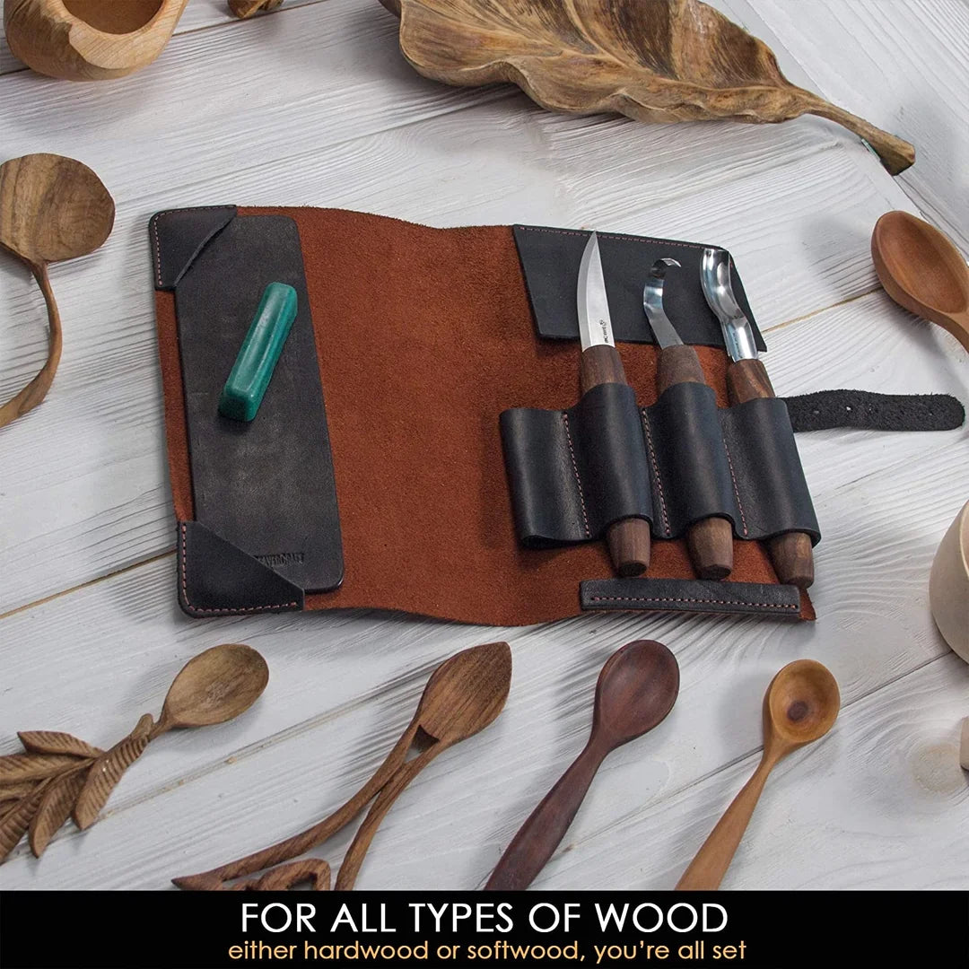Premium Walnut-Handled Spoon Carving Set with Leather Pouch