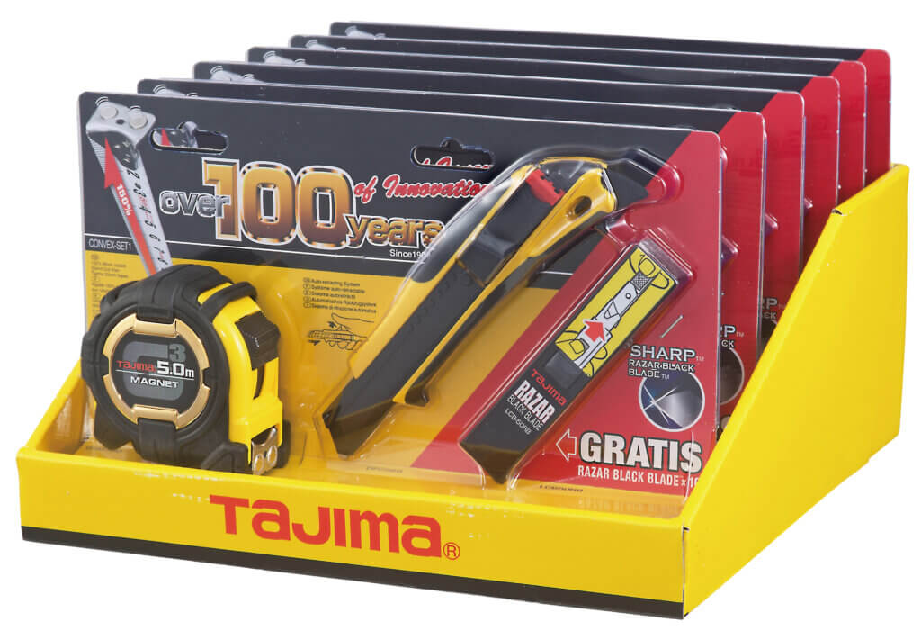 Tajima Convex Set: 5m Measuring Tape, 18mm Cutter, Razar Blades Display