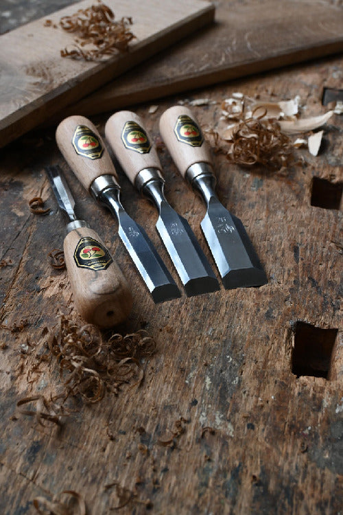 Premium 4-Piece Short Chisel Set with Red Beech Handles for Woodworking