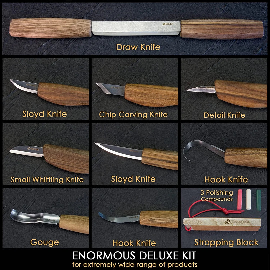 BeaverCraft S50X Deluxe Large Wood Carving Set with Walnut Handles